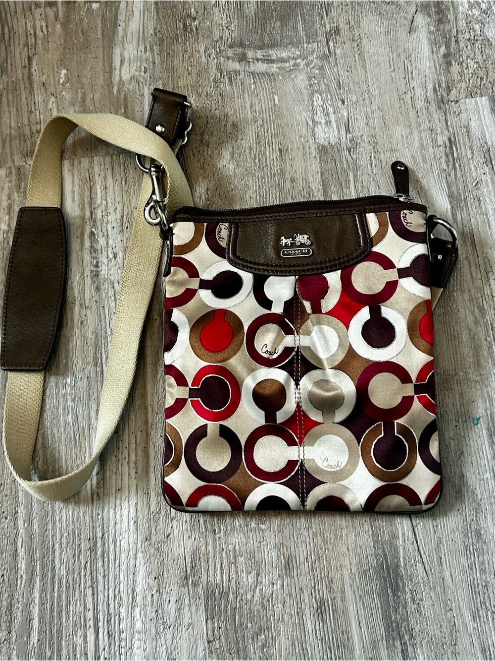 Vintage Coach Signature Multicolor Canvas Crossbody Bag with Brown Trim